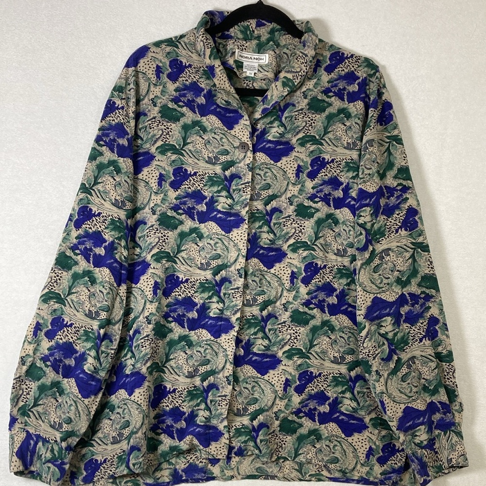 Nora Noh Floral Print Blouse - Blue and Green Silk 2X Floral